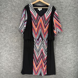 KSL Dress Women 22W Plus Black Striped Shift Midi V-Neck 3/4 Sleeve Casual
